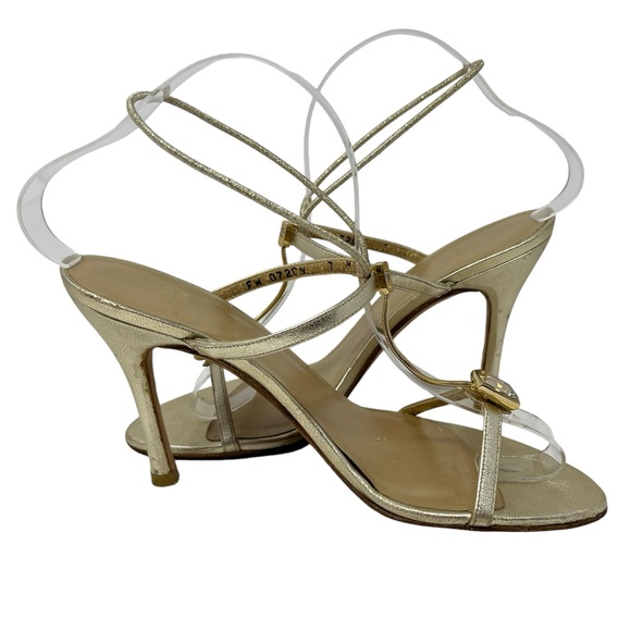 STUART WEITZMAN Gold Jewel Strappy Heels Sz 7 Leather Party Prom Event Wedding - Picture 7 of 14